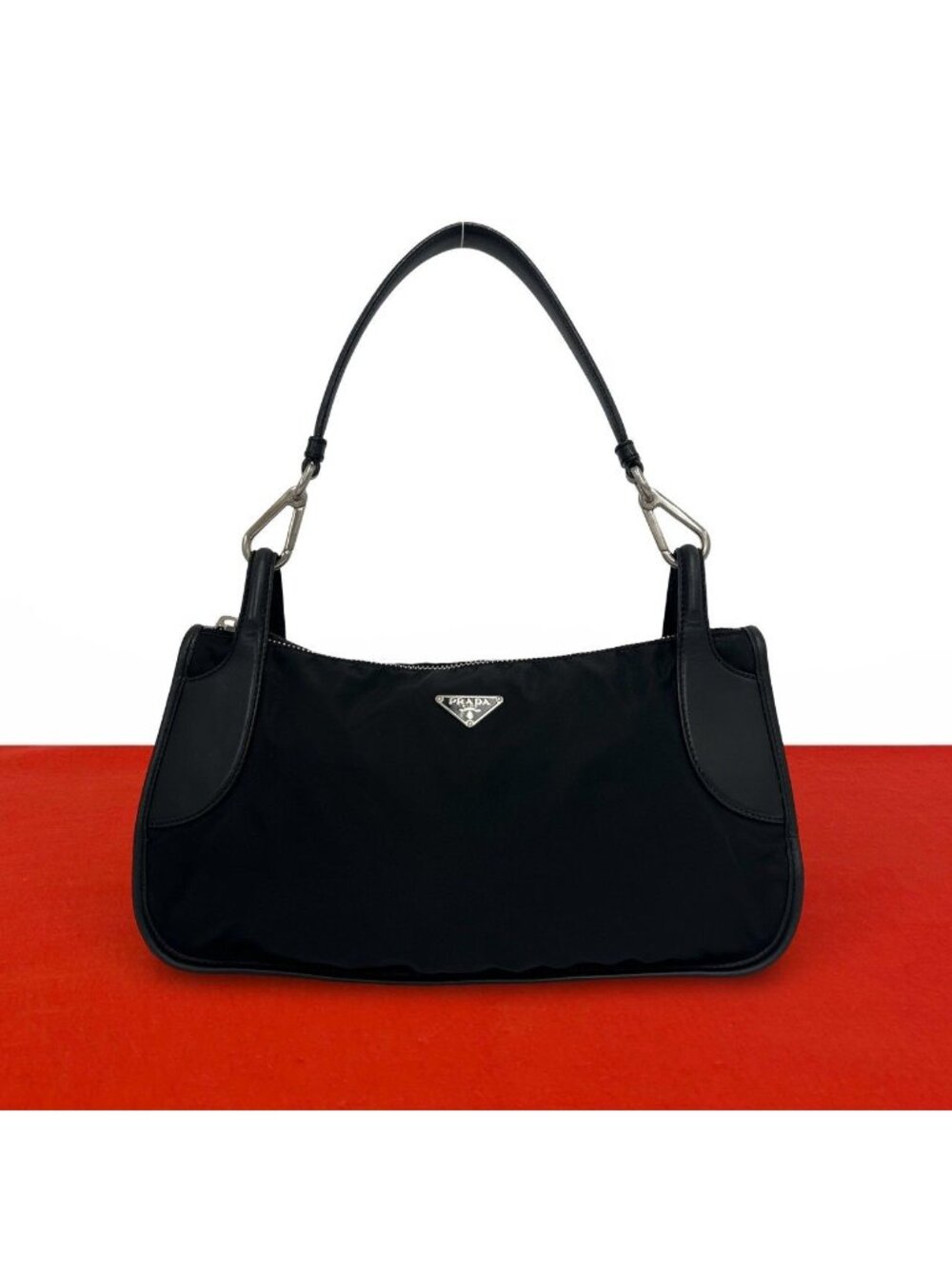 Prada Triangle Logo Tessuto Pocono Nylon Leather Shoulder Bag Tote Black